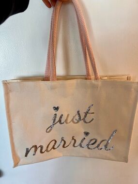 Canvas 'Just Married' Tote Bag in Cream with Pink Handles